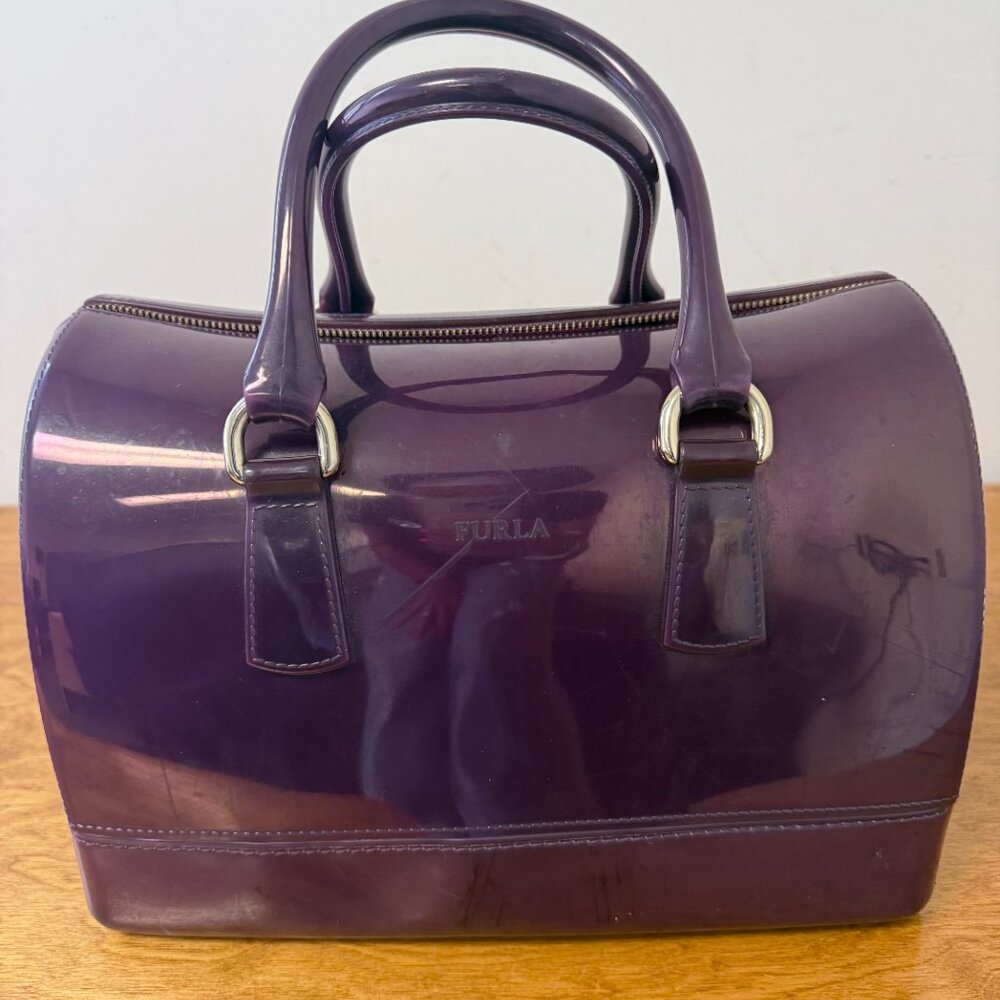 Furla Purple Jelly Satchel Handbag PVC Glossy Top Handle Designer Purse - Picture 3 of 6